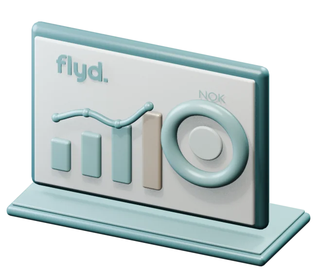3D-illustrasjon: dashbord med stolpediagram, kurve og NOK-diagram