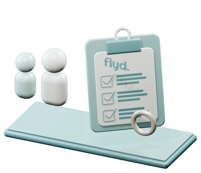 3D-illustrasjon: to personer og en avkrysset sjekkliste med Flyd-logo