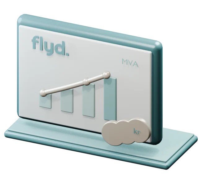 3D-illustrasjon: skjerm med Flyd-logo, stolpediagram, MVA og kronemynter